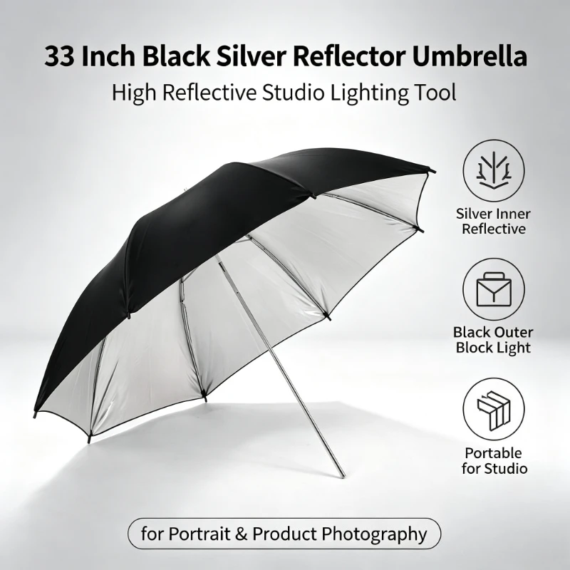 Photography Lighting Umbrella - 2026年 ブラック 耐久性のある33インチ反射傘 83CM 撮影用 ブラックシルバー傘
