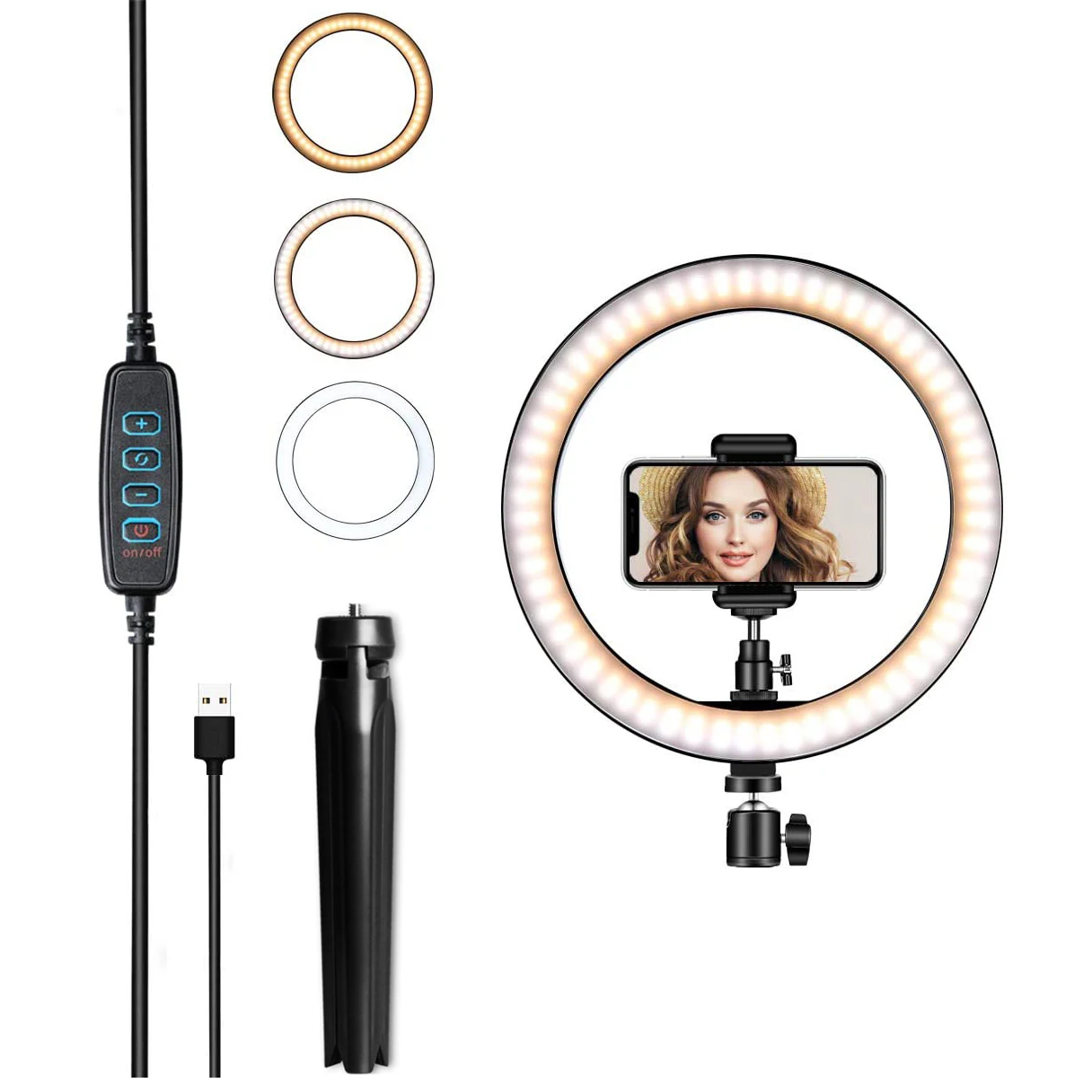 Photography Lighting Circle - 三脚付きLEDセルフィーリングライト,電話ホルダー,円形充填ライト,調光可能ランプ,写真撮影,10インチ,26cm