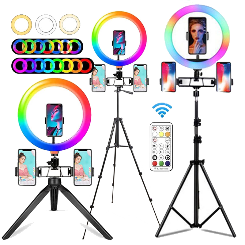 Photography Lighting Circle - 10インチRGBリングライト、リモコン付きLED撮影用リングライト、Bluetooth自撮り三脚、TikTok用3つのスマホホルダー付きスタンド