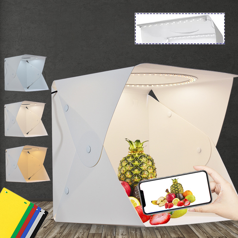 Softbox Portable Strip - ミニ折りたたみフォトブースソフトボックス小型LEDランプポータブル折りたたみライトボックス写真撮影用小道具ダブルライトストリップ6色背景23cm