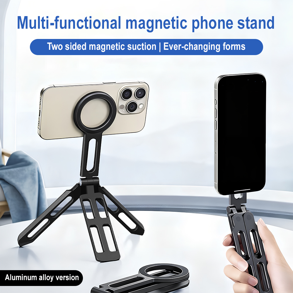 Photography And Lighting - マグネット式スマホホルダー 四軸360度回転 ° 回転折りたたみ式自撮り棒 アルミ合金製ポータブルポケット三脚スタンド Vlogライブ用