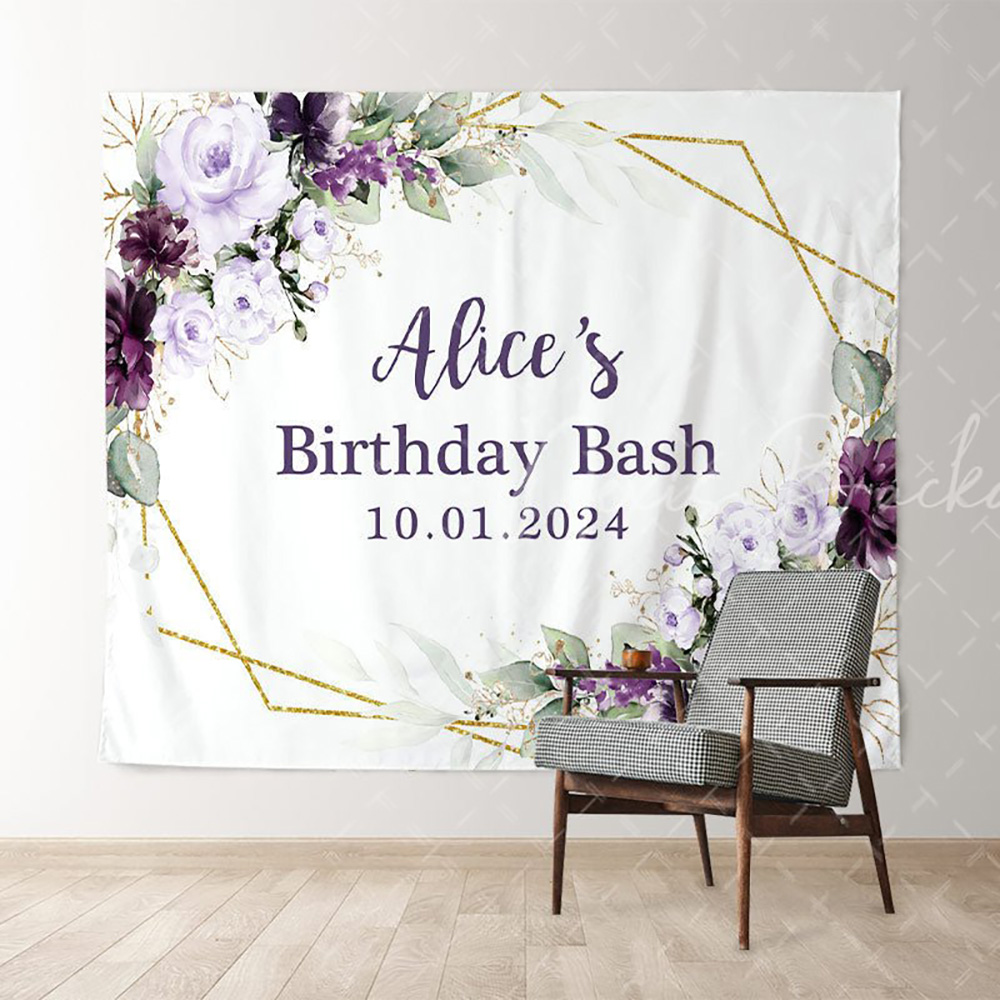ライトパープルの花柄ホワイトカスタム名誕生日背景幕 女の子用 - Photography Lighting Name のレビューと価格
